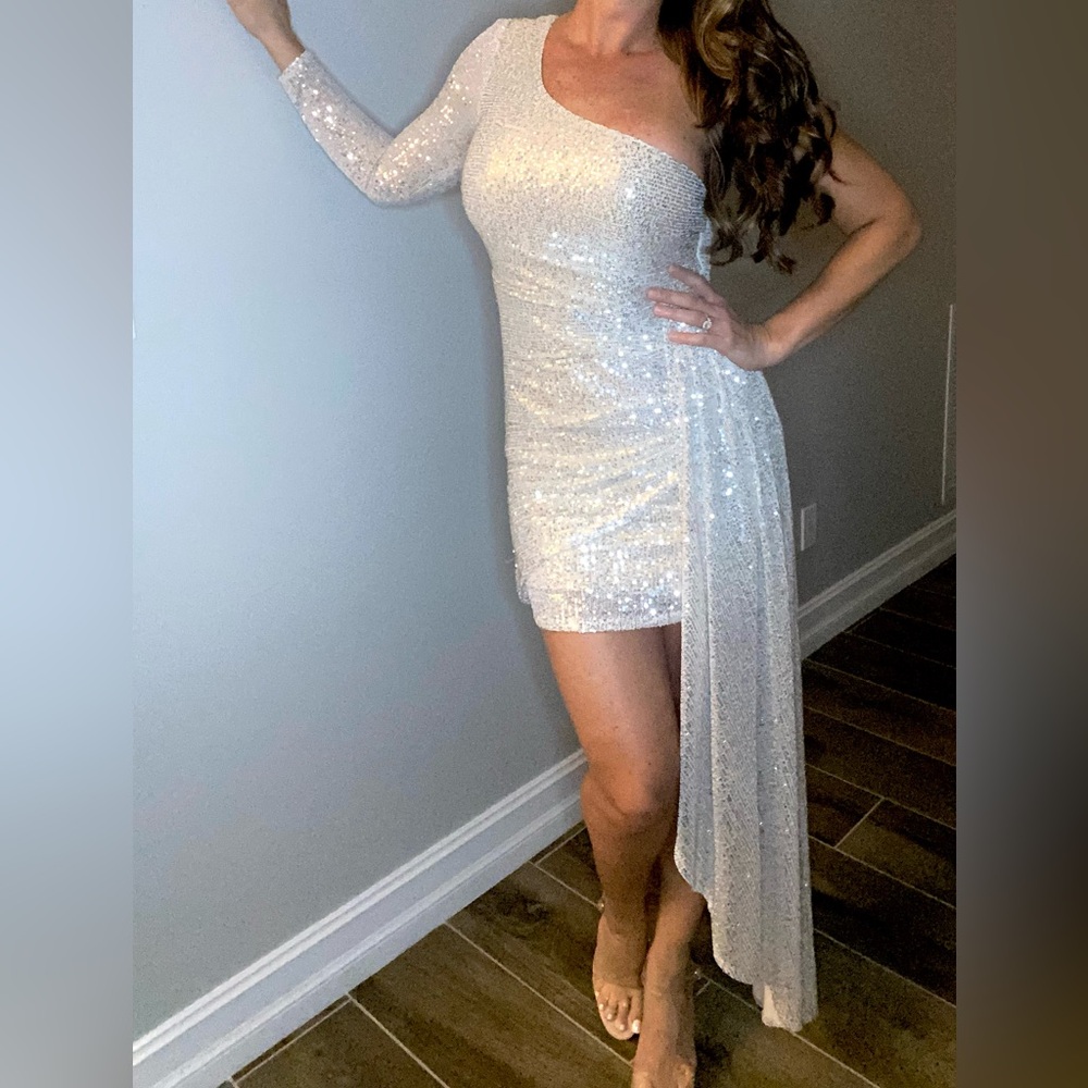 Gorgeous one shoulder sequin wrap drape mini dress